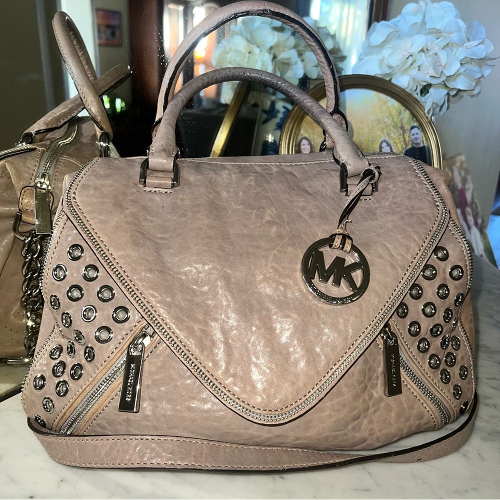MICHAEL KORS Odette Grommet Brown Leather Satchel Bag